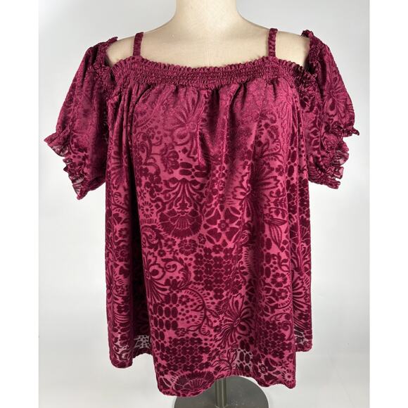 Velvet Burnout Top Purple Wine Cold Shoulder Blouse Whimsigoth 2X Dark Romantic - Picture 1 of 9